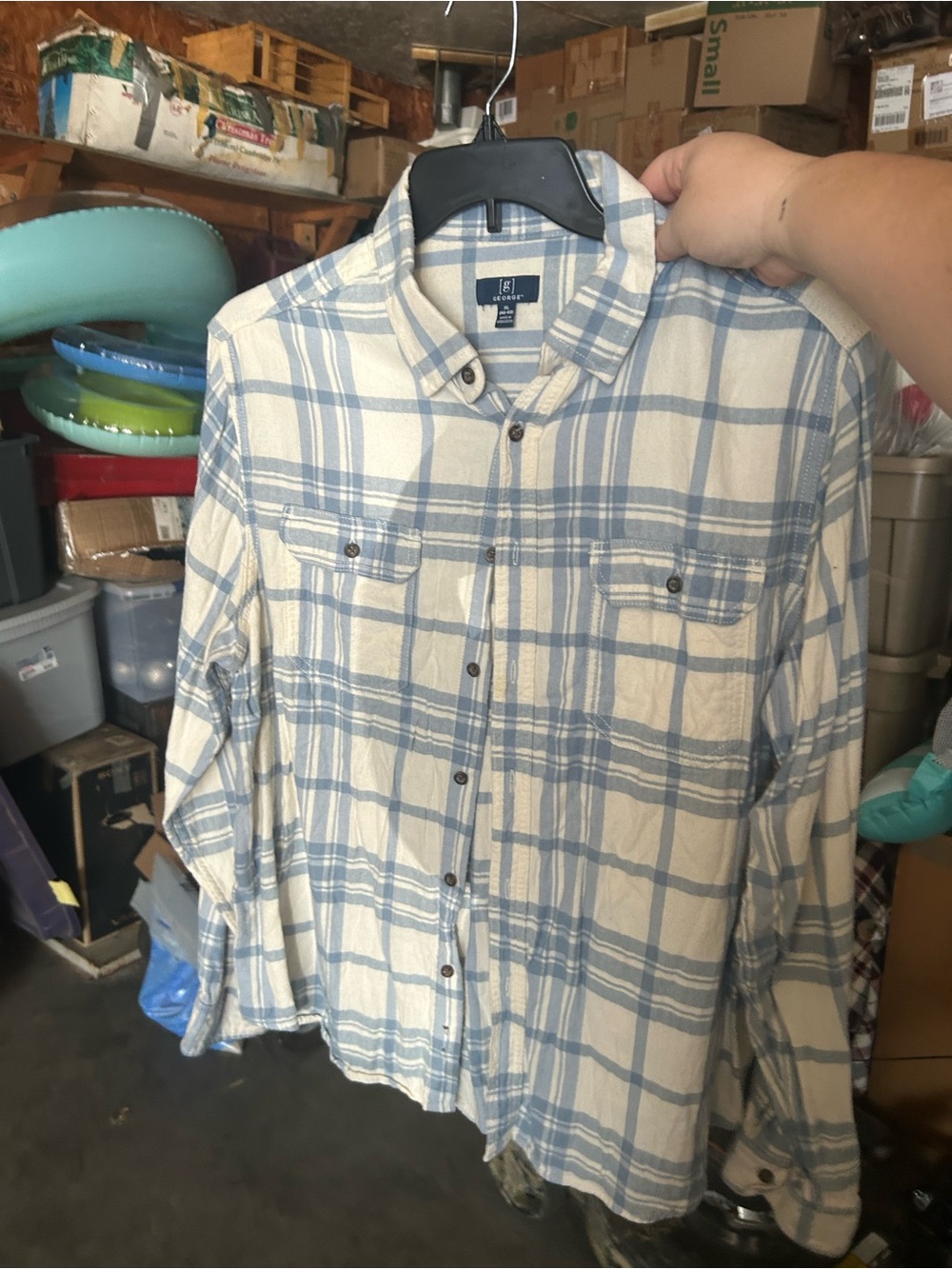 George Cream and Light Blue Plaid Button-Down Shirt